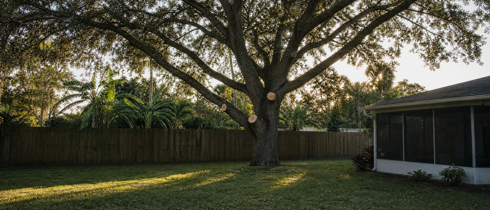 Live oak canopy over a well-kept Tampa Bay yard maintained by Blitz Tree Service